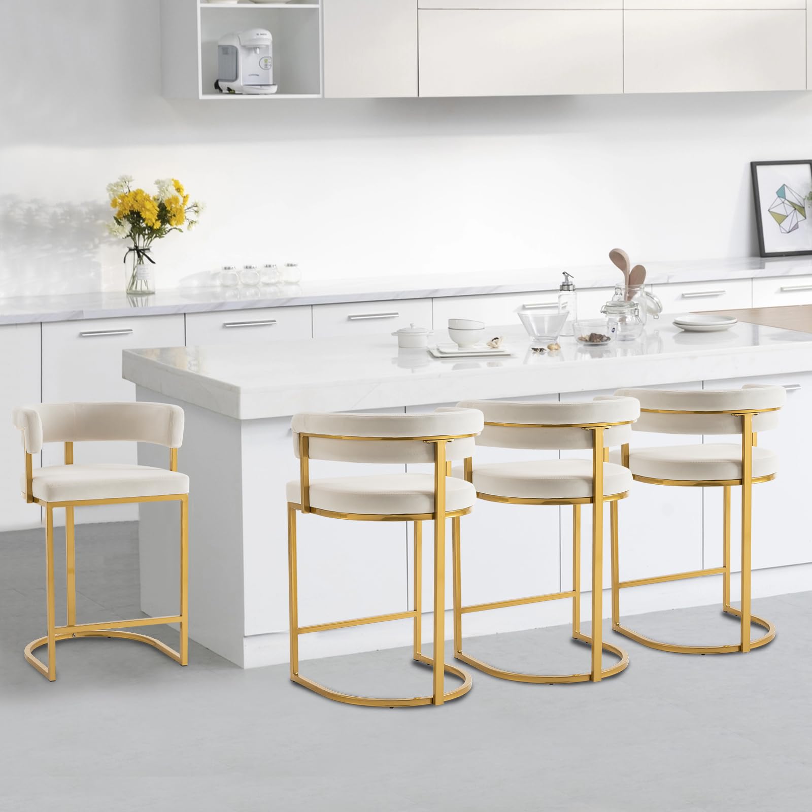 Rongbuk Set of 4 Beige Modern Velvet Bar Stools with Barrel Backrest, Upholstered Seat, and Gold Metal Footrest – 25.6-Inch Seat Height, Ideal for