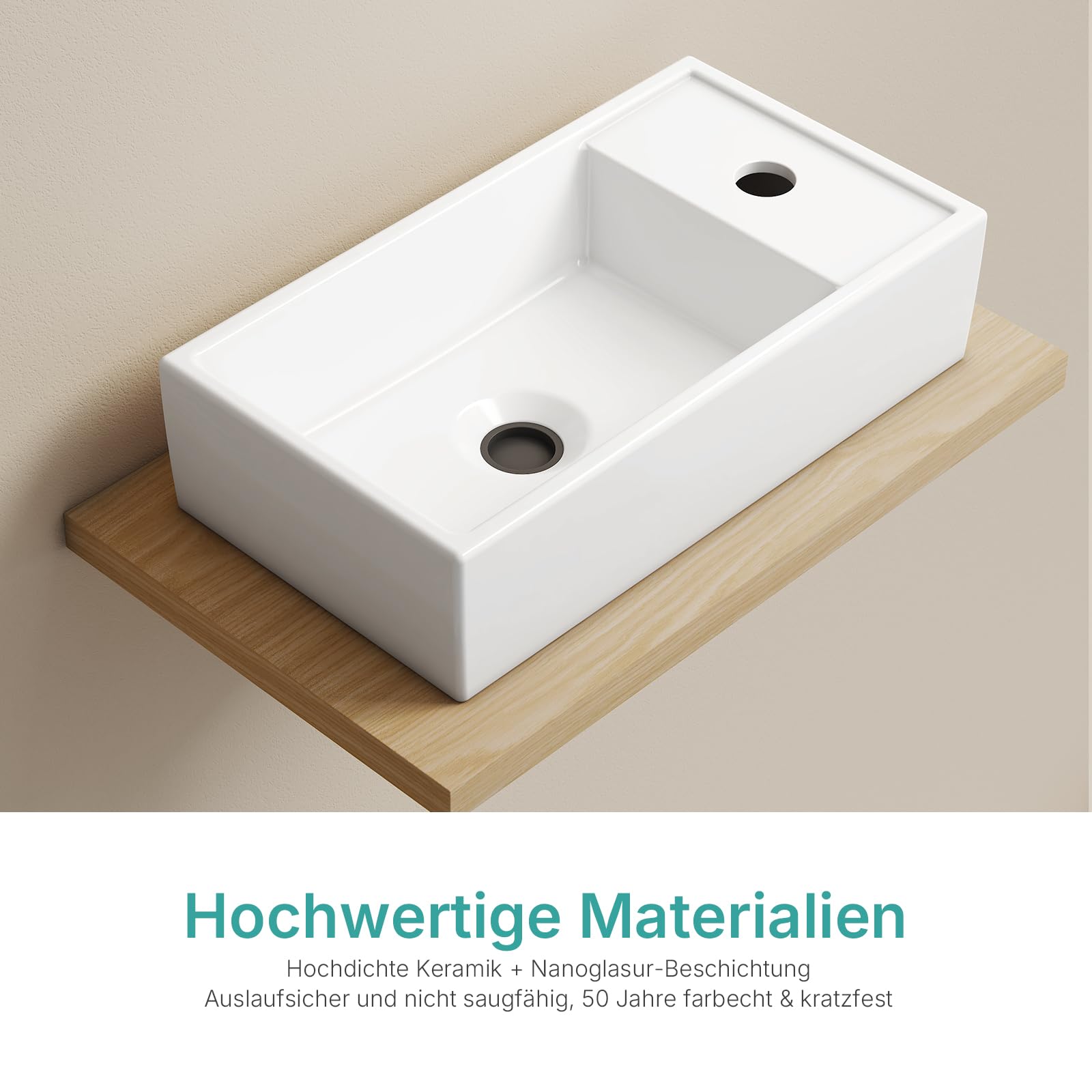 EMKE Piccolo lavandino rettangolare 41,0 x 22,0 x 10,0 cm, in ceramica, con foro per rubinetto, senza troppopieno, piccolo da appoggiare e da parete, ideale per bagno e WC degli ospiti, bianco
