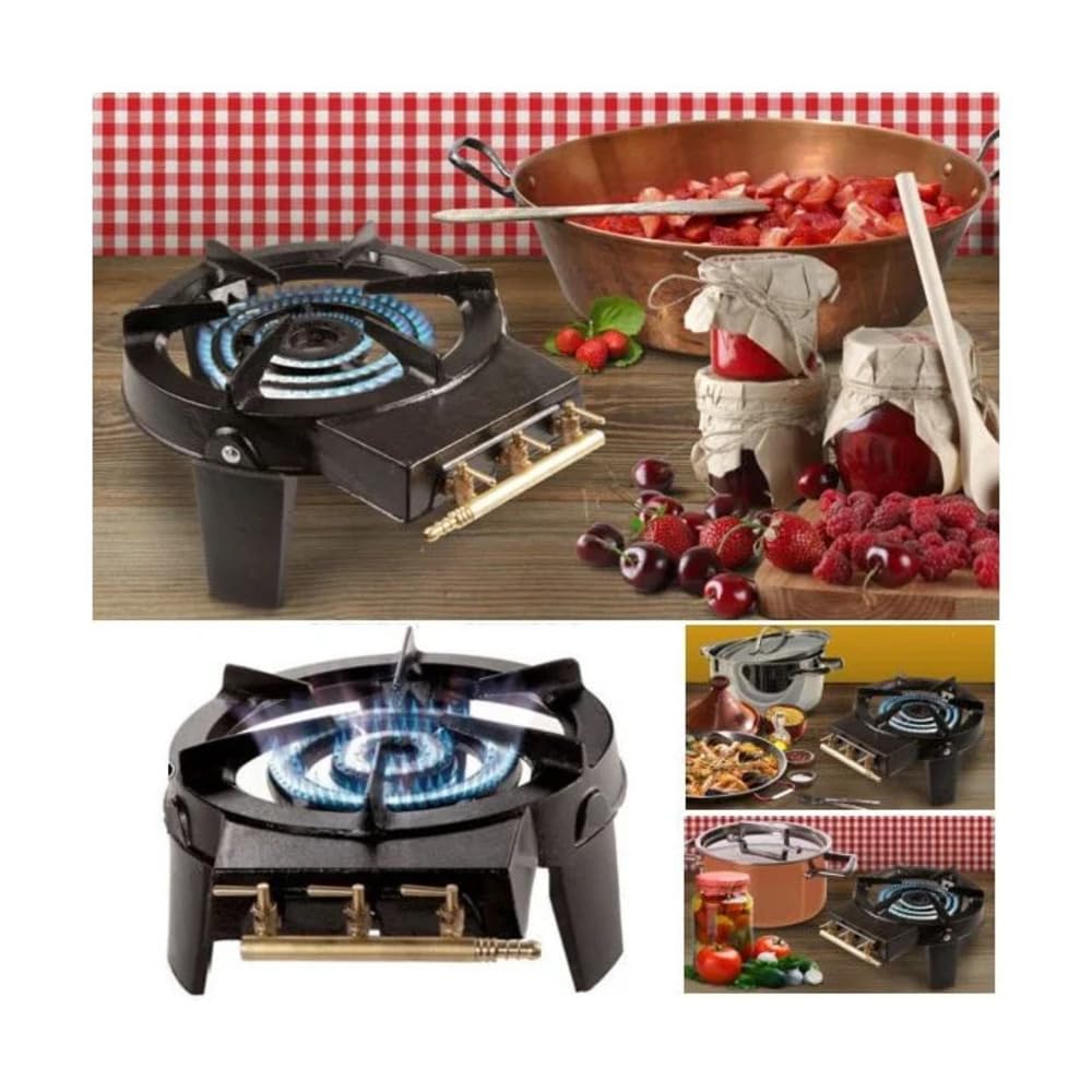 Réchaud à Gaz en Fonte Véritable 9kW Noir – 2 Brûleurs Puissants pour Grands Volumes – 3 Pieds Robustes, 3 Robinets en Laiton – Cuisson Extérieure Camping, Fête, Grosse Marmite, Alambic, Stérilisation