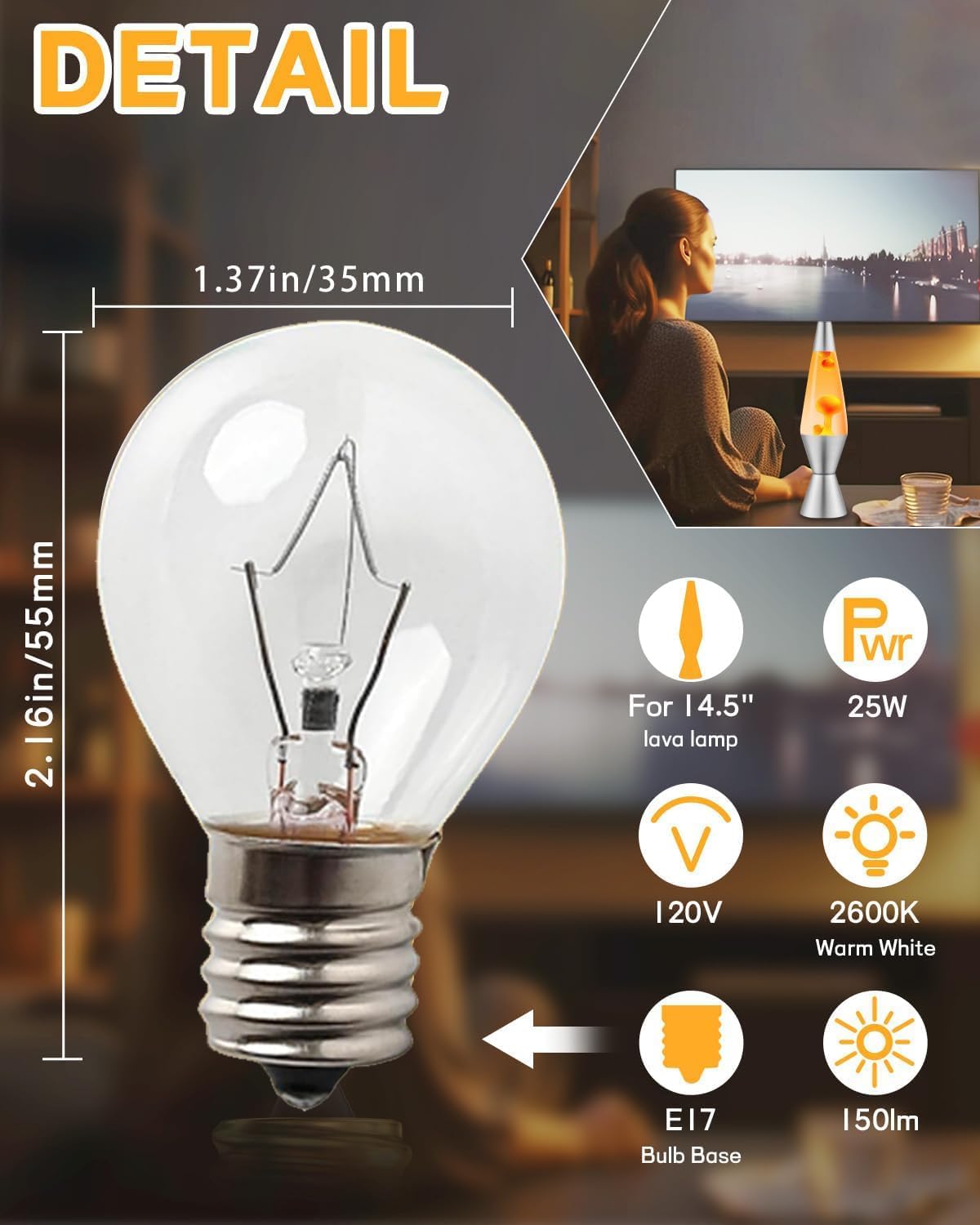 Lava Lamp Bulb 25 Watt, S11 E17 Base 120 Volt The Lava Original Replacement Bulb for 14.5 Inch Glitter and Lava Lamps - Dimmable - Warm White (S11-25W)