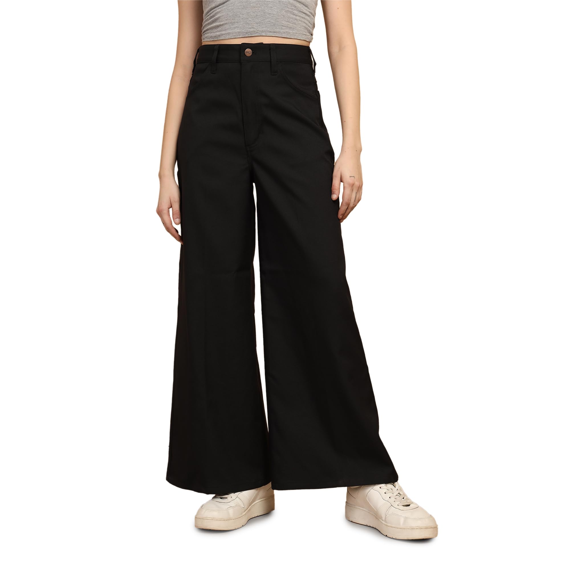 Wrangler Women Black Polyester High Rise Trousers in black