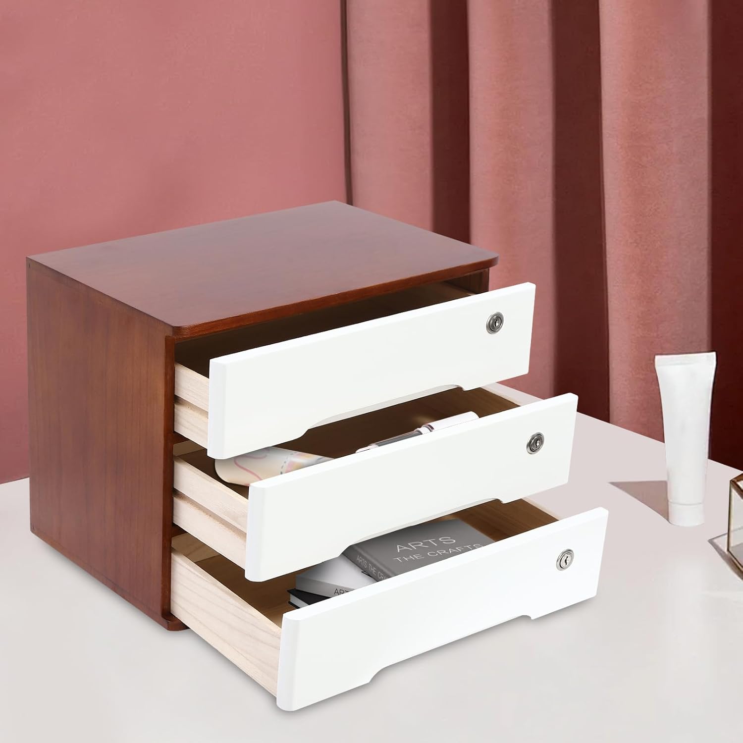 Wood Desk Organizer with 3 Drawers, Lockable Desktop Countertop Storage Cabinet for Home Office Supplies File Tabletop Organizing Unit, 15.75" x 11.02" x 12.2" (Dark Brown + White)