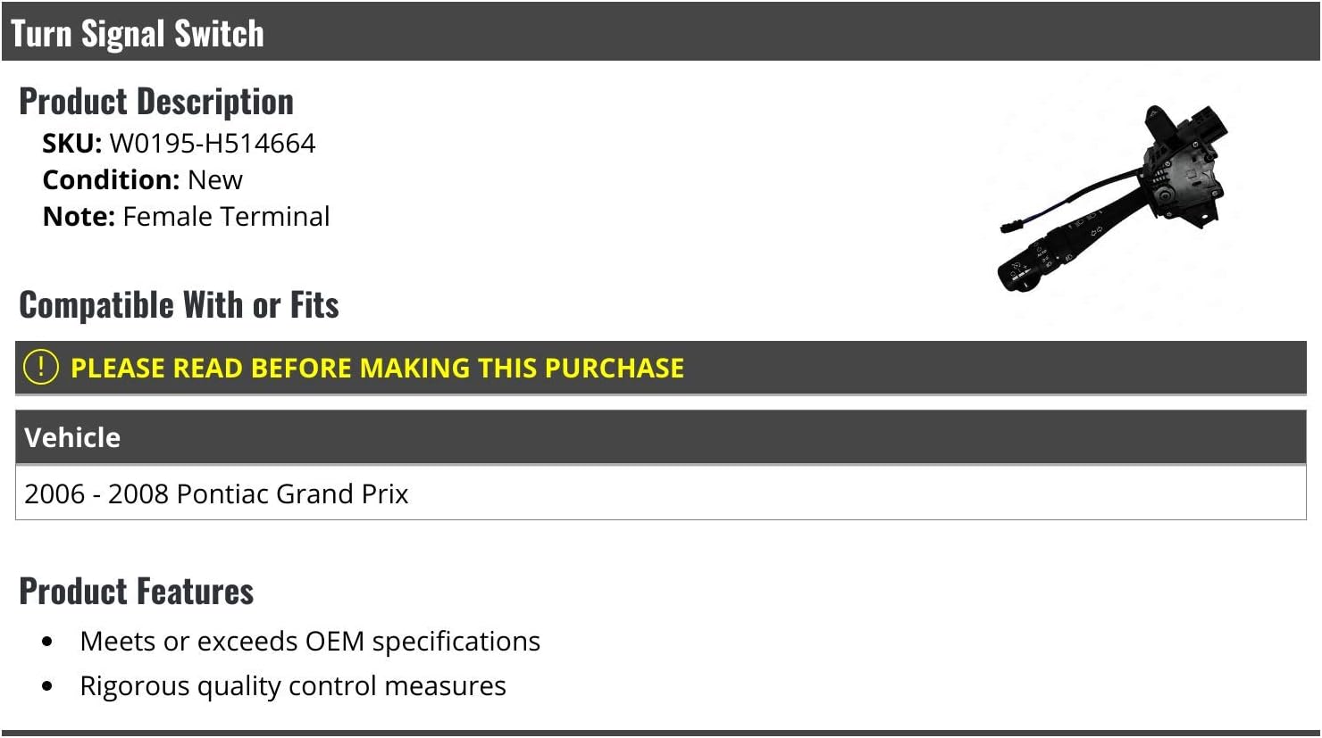 Marketplace Auto Parts 1 Count 5-way Mechanical Switch - Black Female Terminal - Compatible with 2006-2008 Pontiac Grand Prix (with Fog Lights, with Auto Headlights)