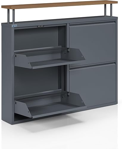 Vista 85 de Gabinete de zapatos de metal de 5 niveles con tapa, organizador de almacenamiento de zapatos duradero para entrada, armario de estante de zapatos