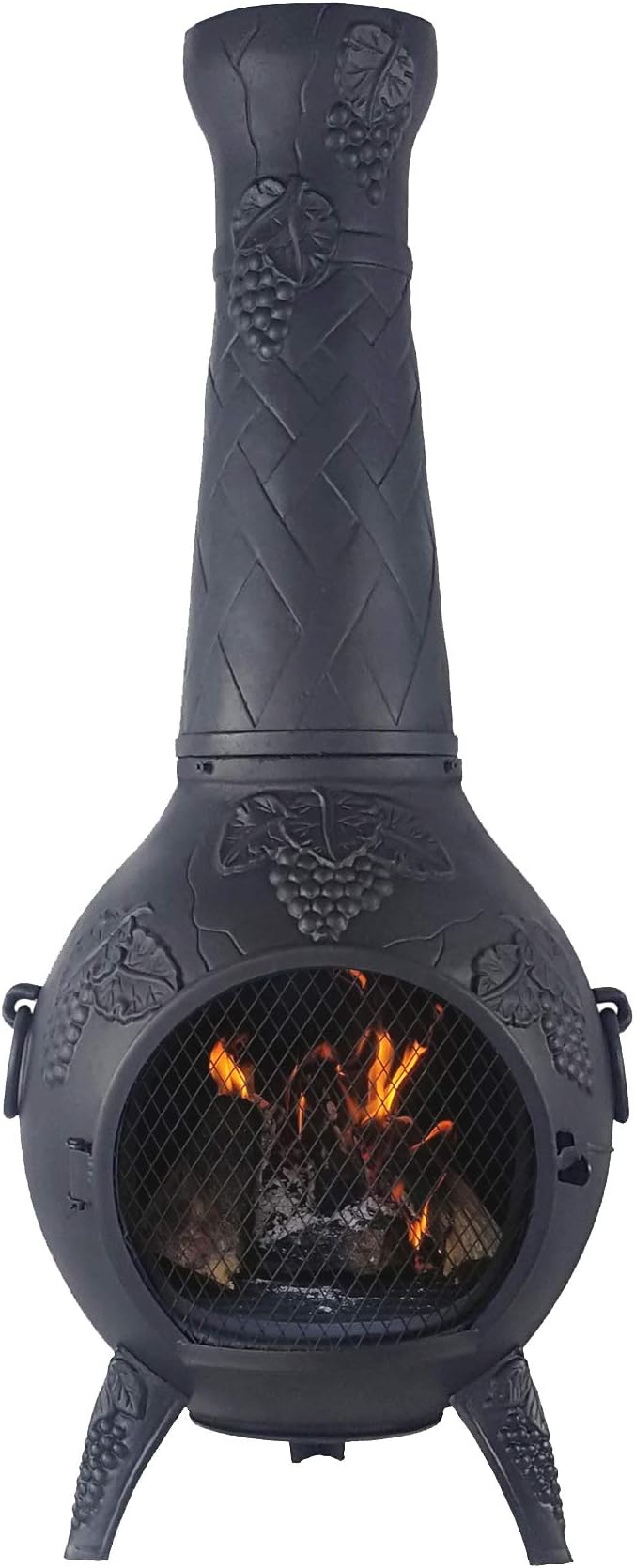 The Blue Rooster Grape Cast Aluminum Chiminea with Gas and a 10' Hose in Charcoal. Includes a Free Year Round Cover