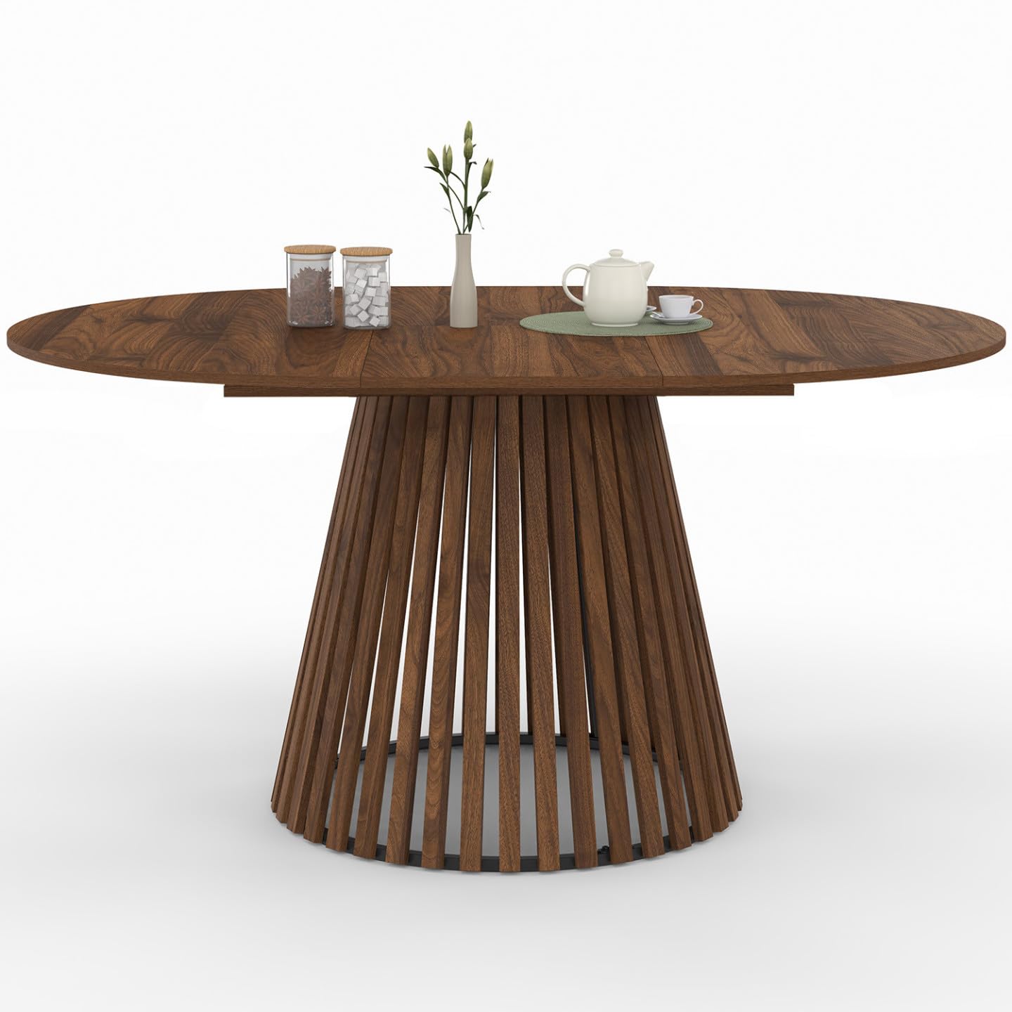 IDMarket - Tavolo da pranzo allungabile rotondo Carmen 4-8 Persone piede Noce in doghe e vassoio Noce 110-150 cm