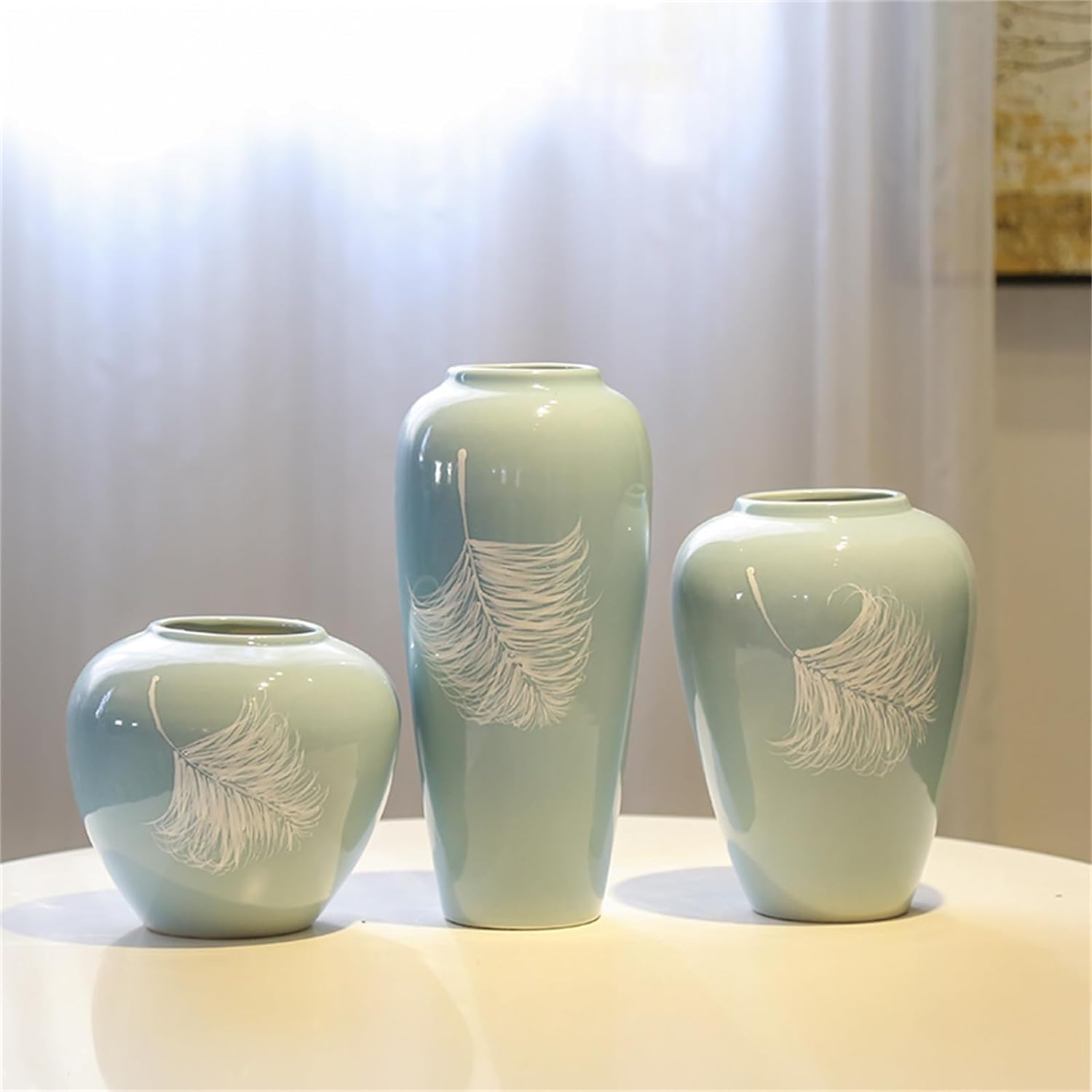 GLETSF Vasen-Set mit 3 Stück, Hellblaue Vase mit weißem Federmuster, Keramikvase für Kunstblumen, Ornament für das Home Office, Hoteldekor