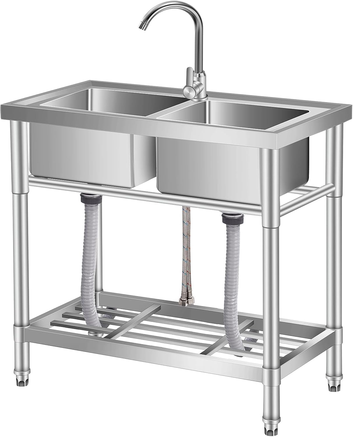 Edelstahl Spültisch 84x46 x76CM, Freistehende Küchenspüle Gewerbliche Spülbecken Mit 2 Becken Wasserhahn Kalt Und Warmwasserschläuchen, Für Waschküche Outdoorküche Gastro Küchen Spulbecken