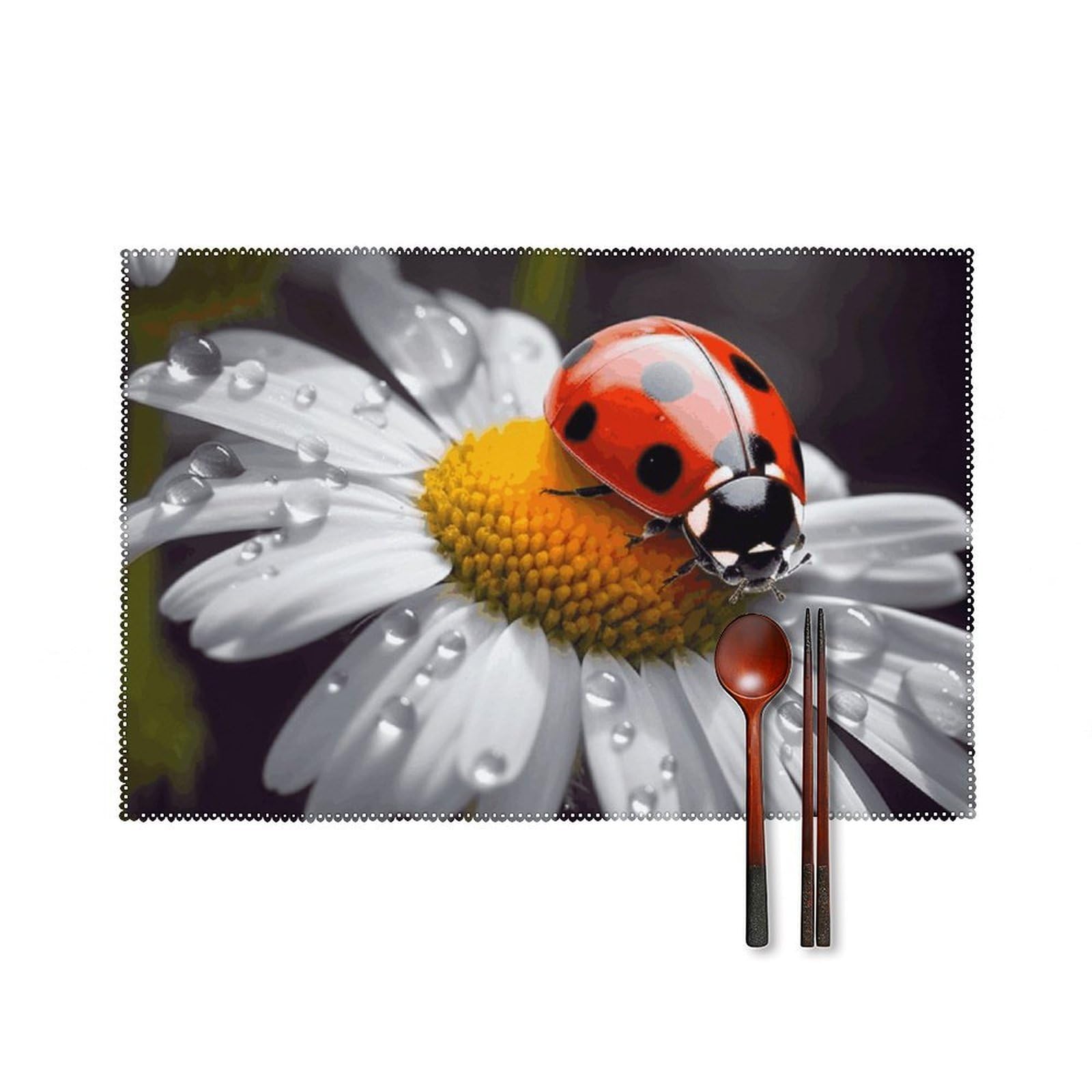 Ladybug on Daisy Flower Placemats Set of 6, 12x18 Inch Heat Resistant Washable Canvas Table Mats, Stain Resistant Decorative Dining Placemats for Kitchen, Restaurant, Outdoor Party