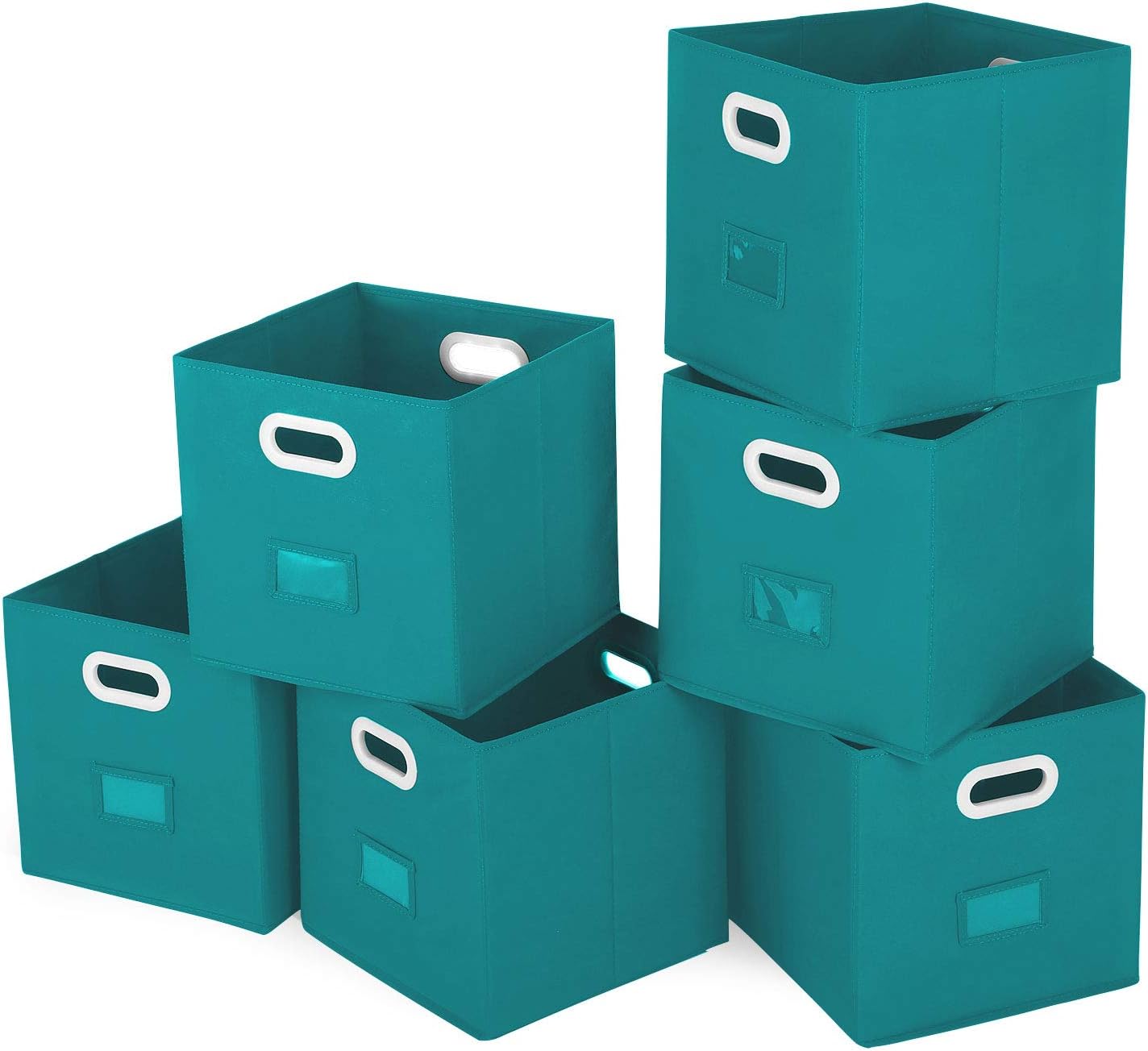 Magicfly Foldable Storage Bins with Label, Set of 6 Storage Cube 12X 12 Inch Closet Bins for Shelves Organizer with Dual Plastic Handle, Fabric Bins Basket for Bedroom, Peacock Blue