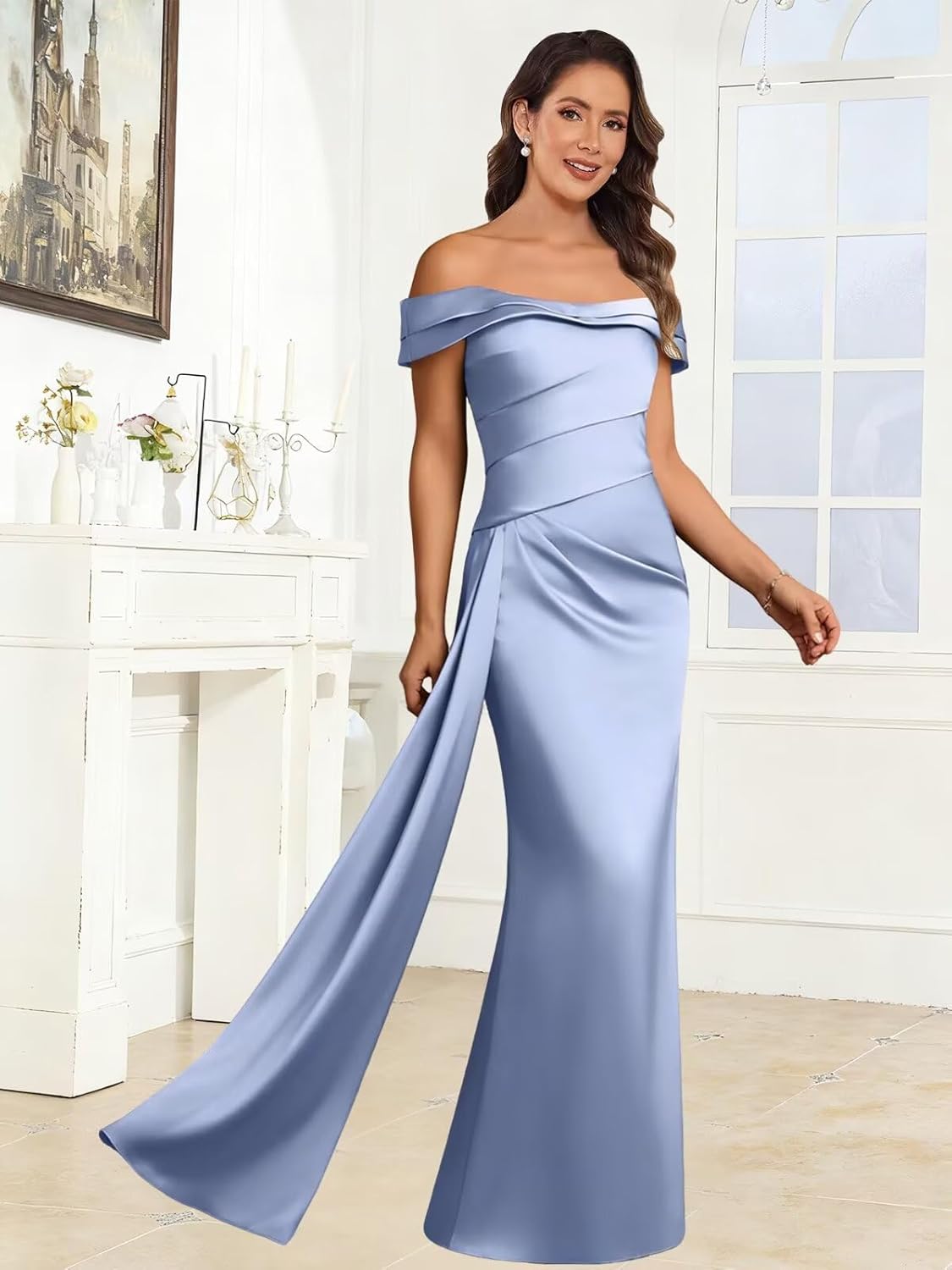 Satin Off The Shoulder Bridesmaid Dresses for Women Long Pleated Mermaid Formal Evening Gown