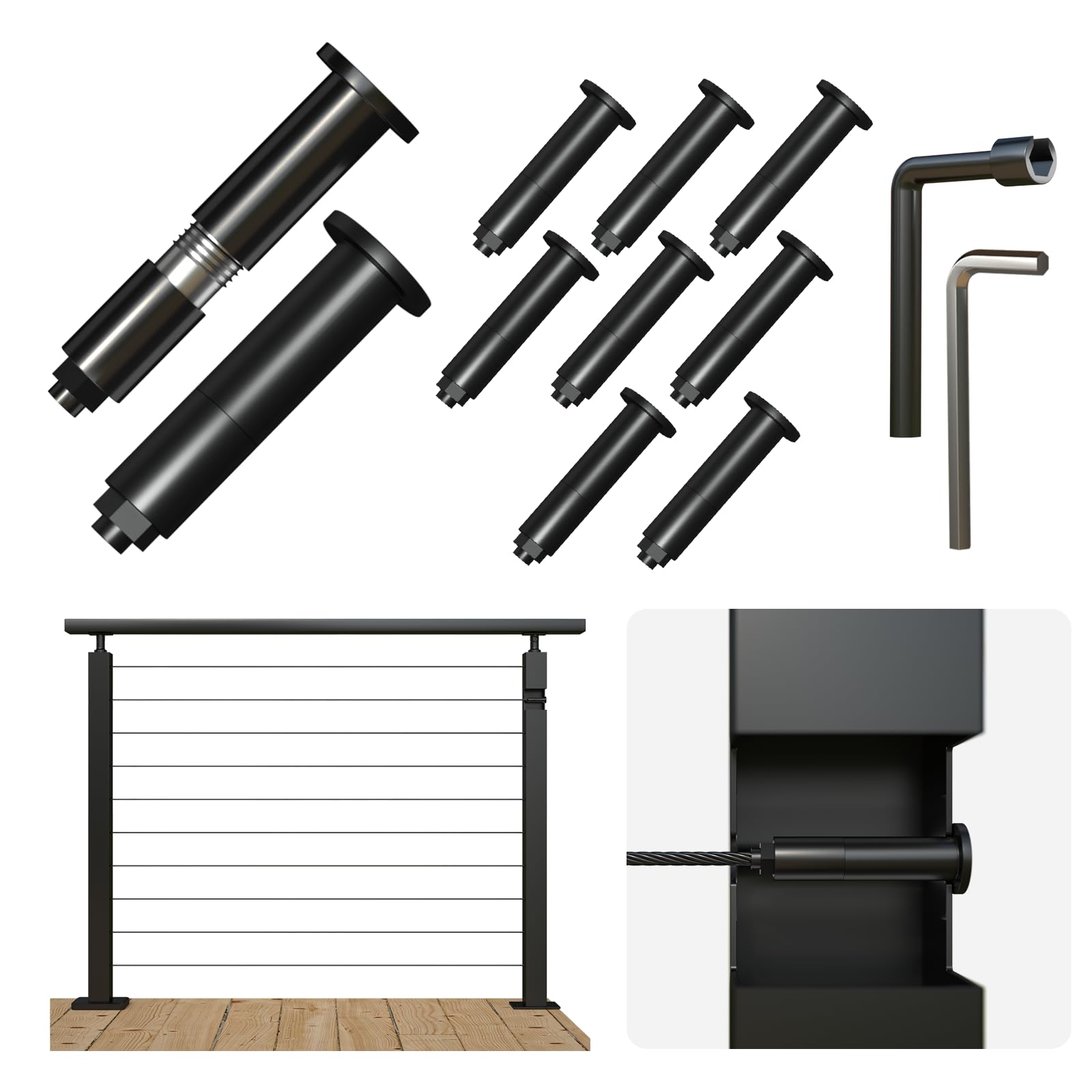 [Patent] Coliwel Upgraded 10 Packs 1/8" Black Self-Locking Swageless Reusable Cable Railing Hardware Kit T316 Stainless Steel Invisible Tensioner for