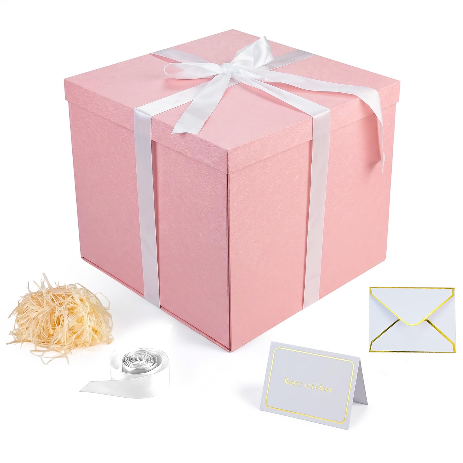 Large Gift Box for Present - 30×30×25cm Pink Gift Box with Lids Ribbon Card＆Confetti, Flat Pack Birthday Gift Boxes Present Box for Wedding Christmas Anniversary
