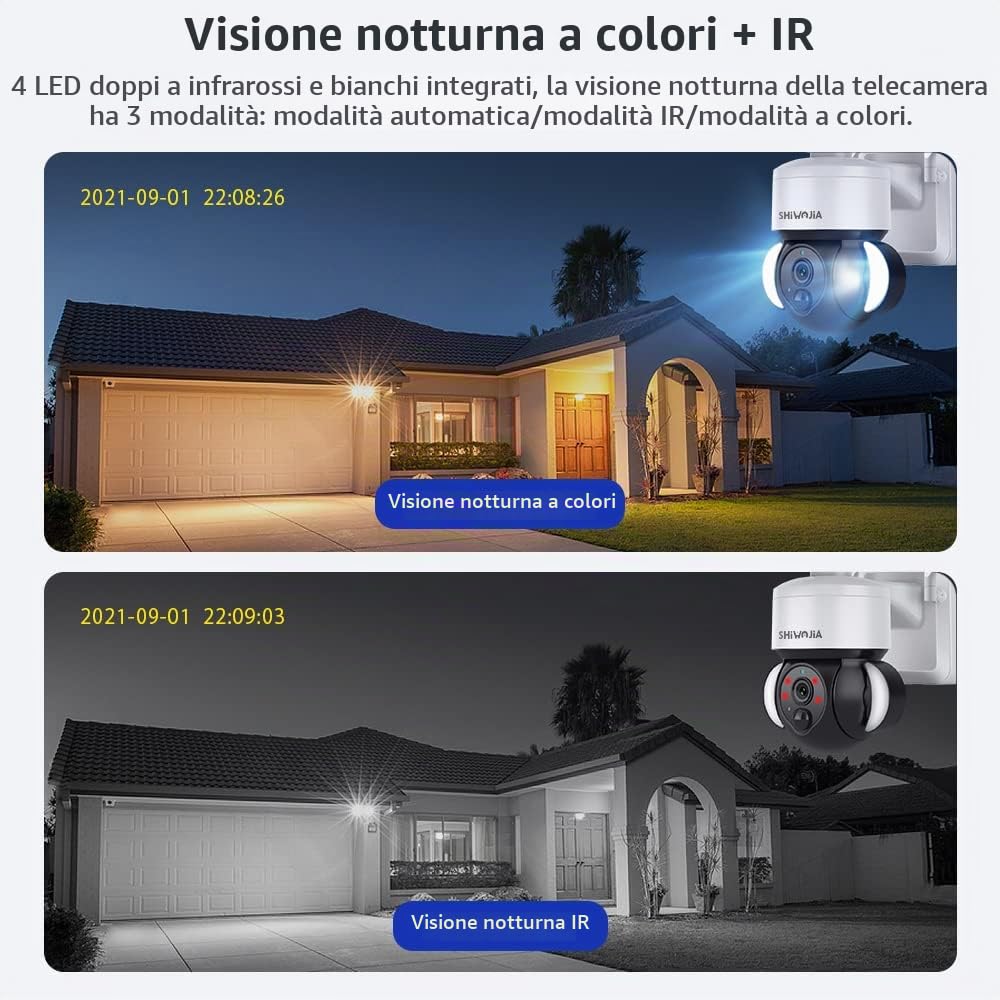 SHIWOJIA Telecamera Wi-fi Esterno con Pannello Solare, 2K PTZ 360° Videocamera Sorveglianza con Batterie da ricaricabile, PIR Rilevamento del movimento, Audio a 2vie, TUYA and Smart Life camera