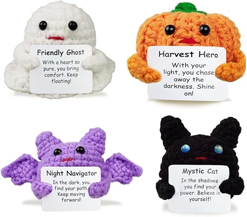 Paquete de 4 juguetes de lana de punto para Halloween con tarjeta positiva, muñecas de ganchillo para fiestas de Halloween, bolsas de golosinas,