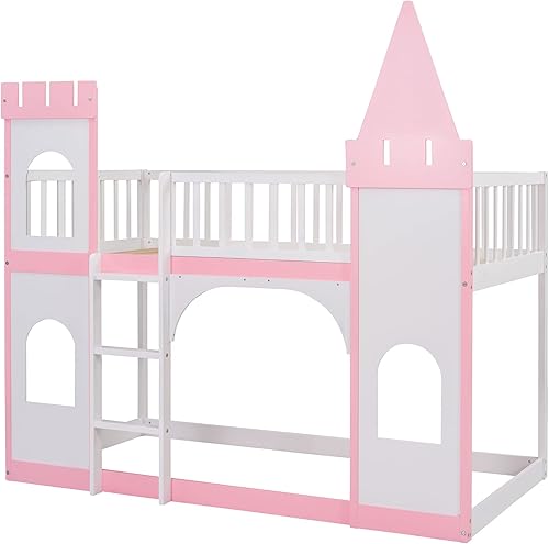 Miniatura 4 de Literas CastleLiteras para niños con tronco litera completa sobre casa de juegos con techo y ventana ambas contienen barandillas diseño de color de