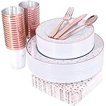 WELLIFE 350 PCS Rose Gold Plastic Plates, Disposable Rose Gold Plates, Includes: 50 Dinner Plate, 50 Dessert Plate, 50 Forks, 50 Knives, 50 Spoons, 50 Cups, 50 Dot Napkins for Weddings and Party