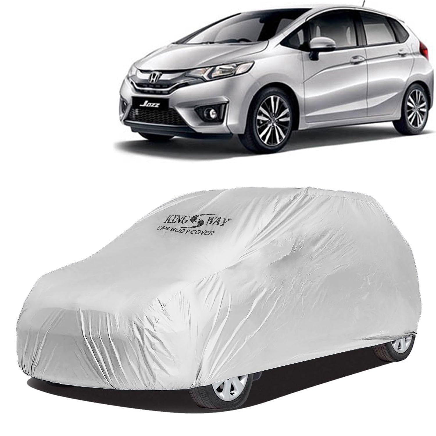 KINGSWAY® Jazz Car Body Cover Dustproof for (Year 2014 to 2018) All Model, Compatible with Honda Jazz Car Cover, Comes with Bird Droppings, Scratch, UV and Paint Protection, Silver Matty