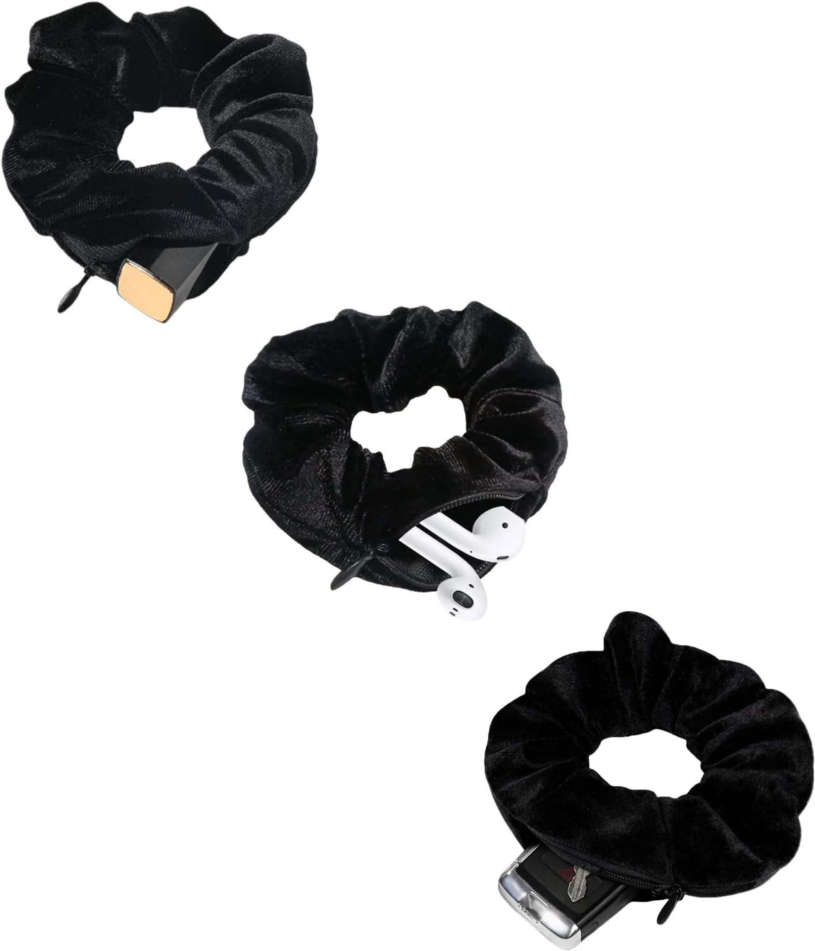 SUNEBOIZ Zipper Scrunchies, Pocket Scrunchie, SECRET & HIDDEN, Velvet Hair Ties Bracelet, Compatible with Apple AirPods 3&2&1, Key Money Chapstick Storage Bag, Elastics Hair Band