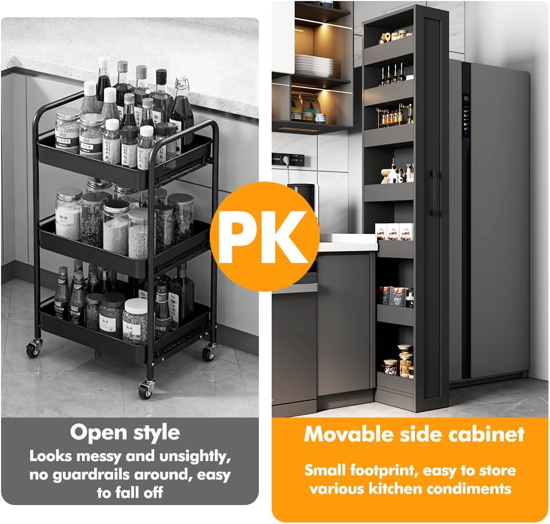 7 Tier multi-functional pull-out storage Cart for Next to Fridge, Rolling Slim Narrow Utility Cart for Small Spaces, Single sided open Spice Rack for Kitchen, Living Room & Narrow Spaces (Black)
