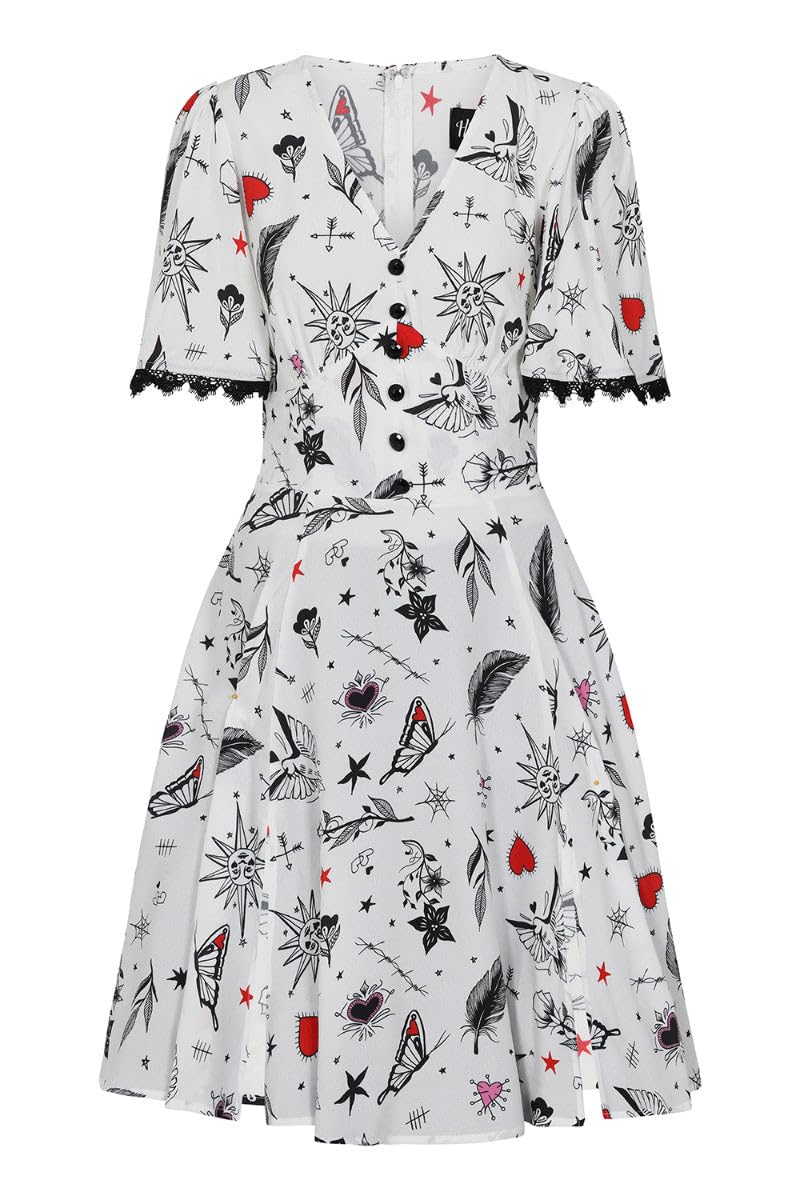Hell Bunny Women's White Avery Dress Tattoo Print Viscose Dress With Lace Sleeve Detail | Size: Small