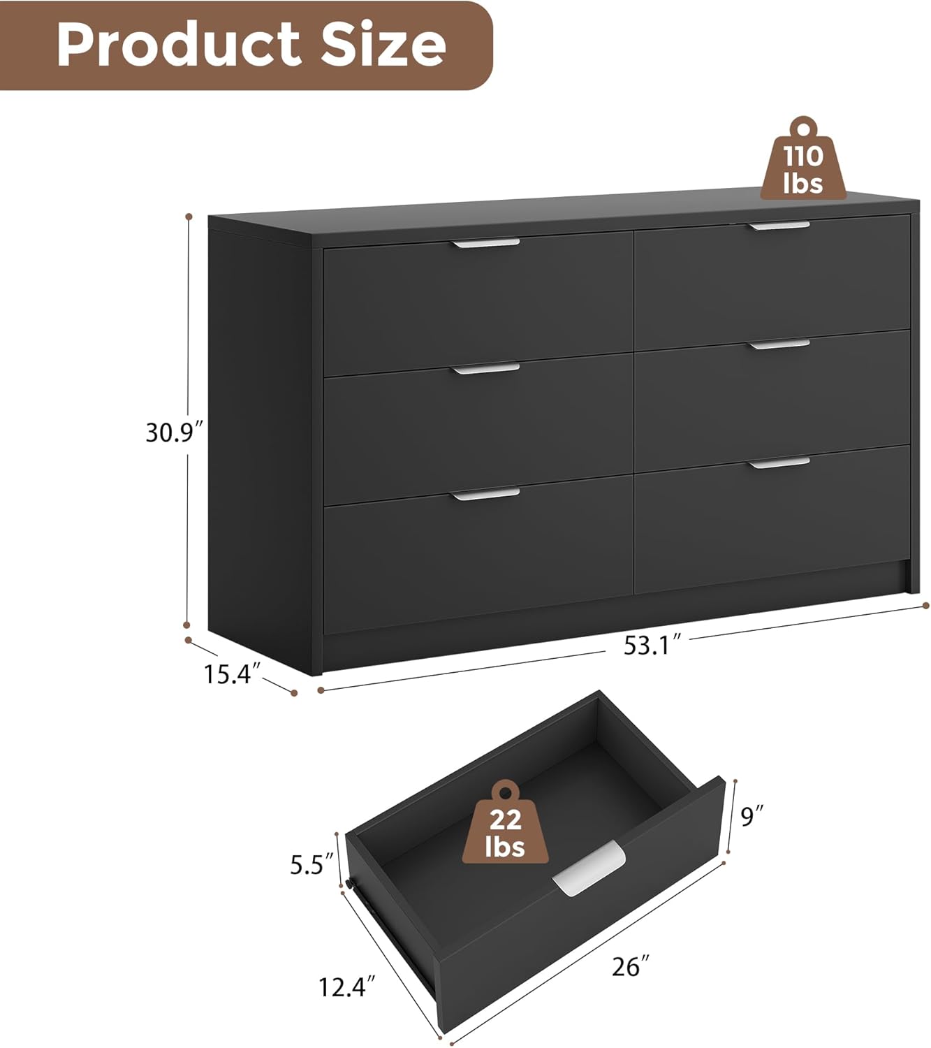 53" Wide 6 Drawer Dresser for Bedroom, Modern Simple Wood Dresser Chest of Drawers Closet Store Organizer for Living Room, Hallway, Black