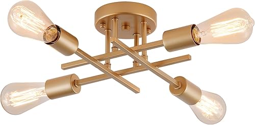 Miniatura 11 de Lámpara de techo de 4 luces para montaje semiempotrado, lámpara de araña dorada de estilo industrial granja de mediados del siglo para pasillo,
