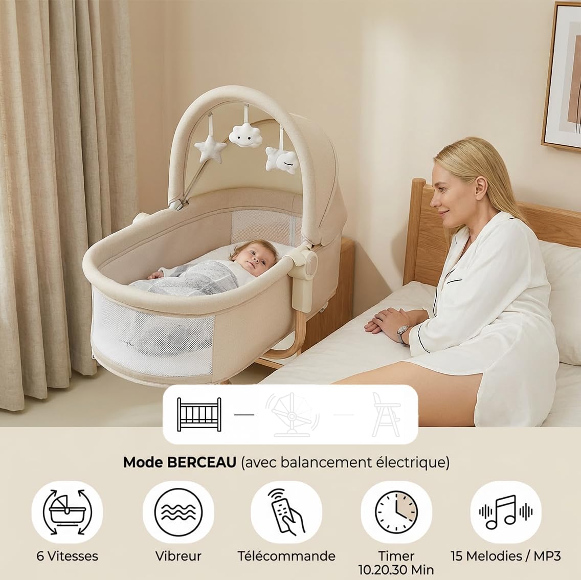 BEBE2LUXE 4 en 1 Multifonction Balancelle électrique, Berceau réglable, Chaise Haute et Transat (0‑15 kg), Harnais 5 PTS, réglage Hauteur/Dossier, 6 Vitesses + Vibration, USB/MP3, télécommande (Gris)