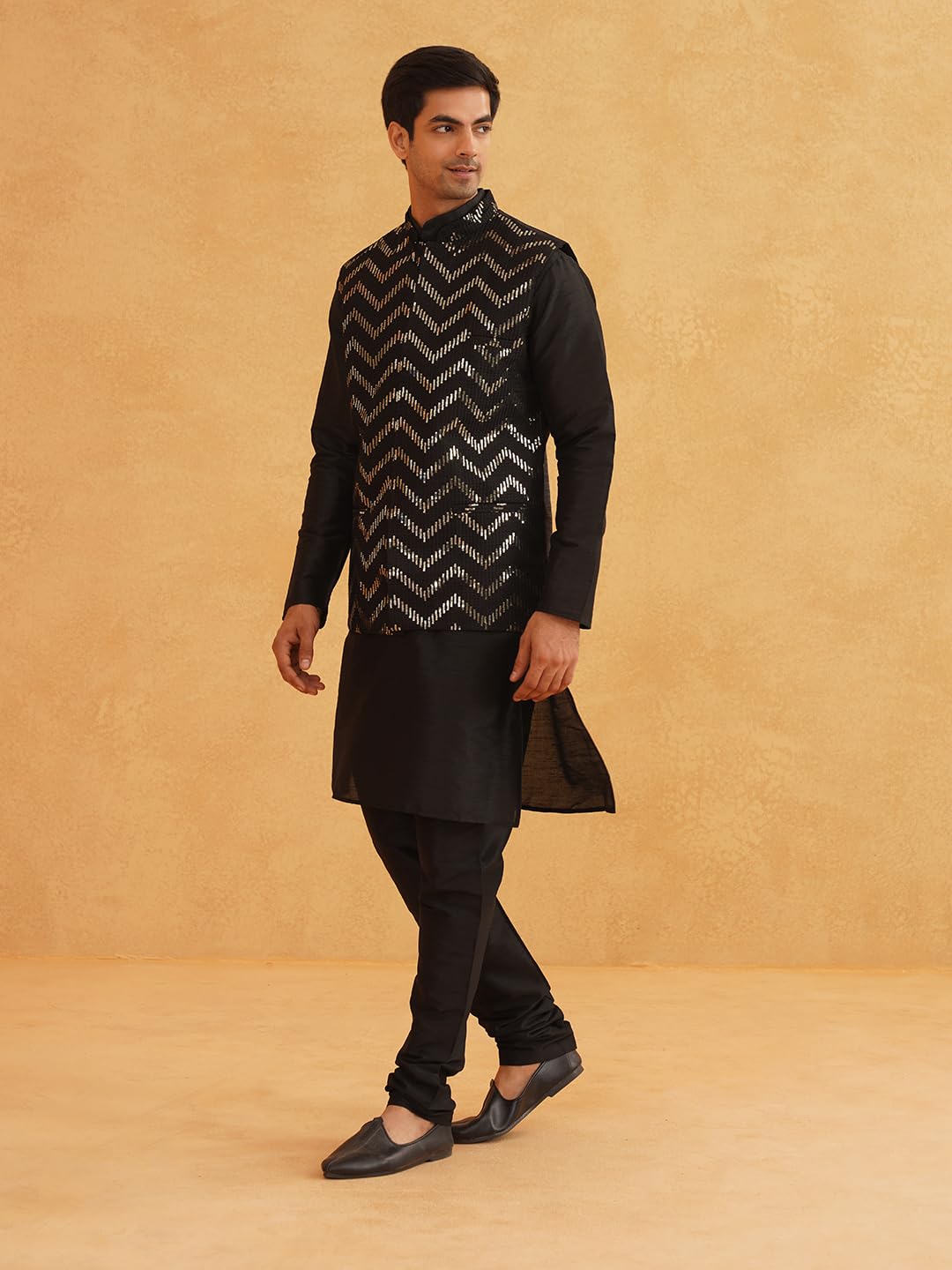 Sojanya (Since 1958 Men's Silk Blend Black Kurta Pyjama With Black Zigzag Nehru Jacket