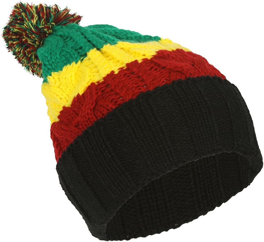 TOP HEADWEAR Rasta Color Block Crochet Knit Pom Cuff Beanie