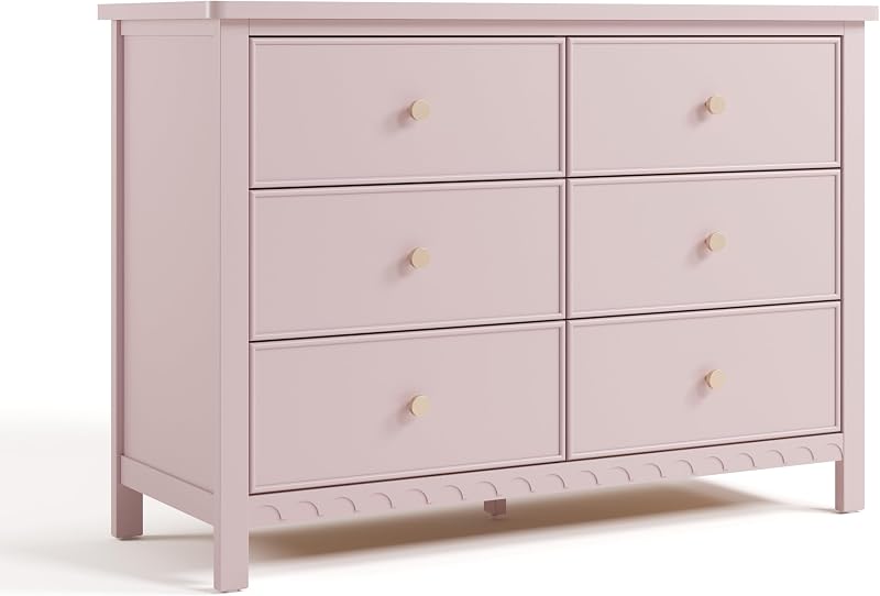 Cómoda Sasha de 6 cajones, rubor | Certificado GREENGUARD Gold, estanterías extraíbles, cómoda de madera para guardería y dormitorio infantil, almacenamiento espacioso, cajones entrelazados