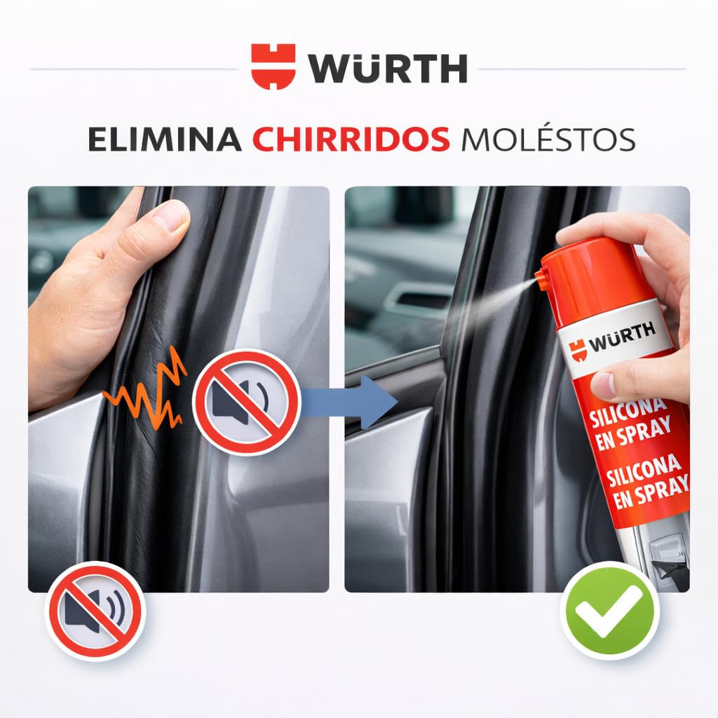 Würth Spray silicone 500 ml Protège, nourrit et isole durablement avec un bon effet de glissement, les pièces en plastique, en caoutchouc et en métal à l'intérieur et à l'extérieur du véhicule.