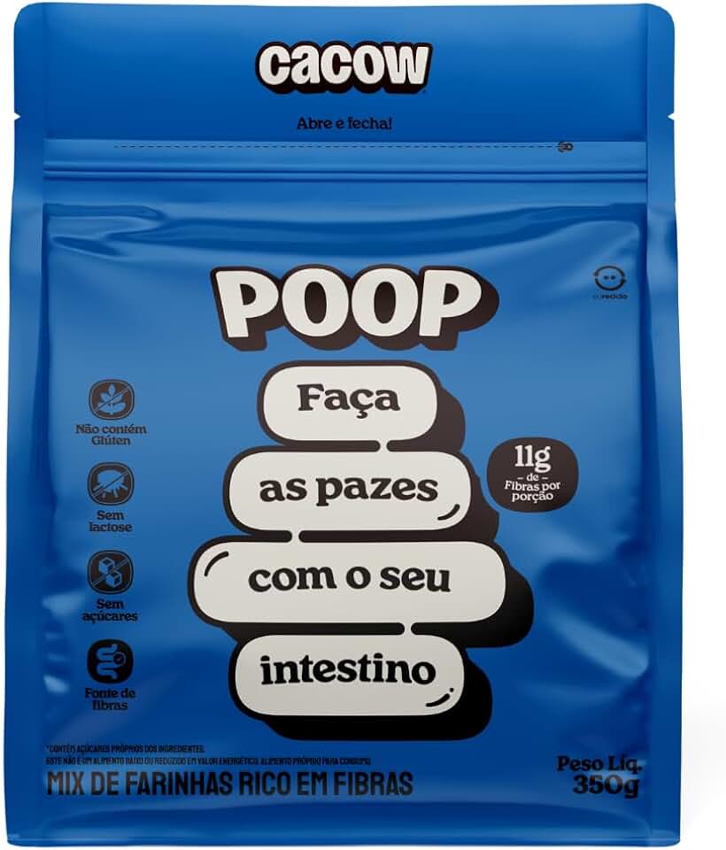 POOP Mix de Fibras Naturais CACOW 350g – Aveia Psillium Chia Farinha de Coco Banana Verde e Uva – Rico em Fibras Sem Açúcar Glúten ou Lactose Auxilia o Intestino e Digestão