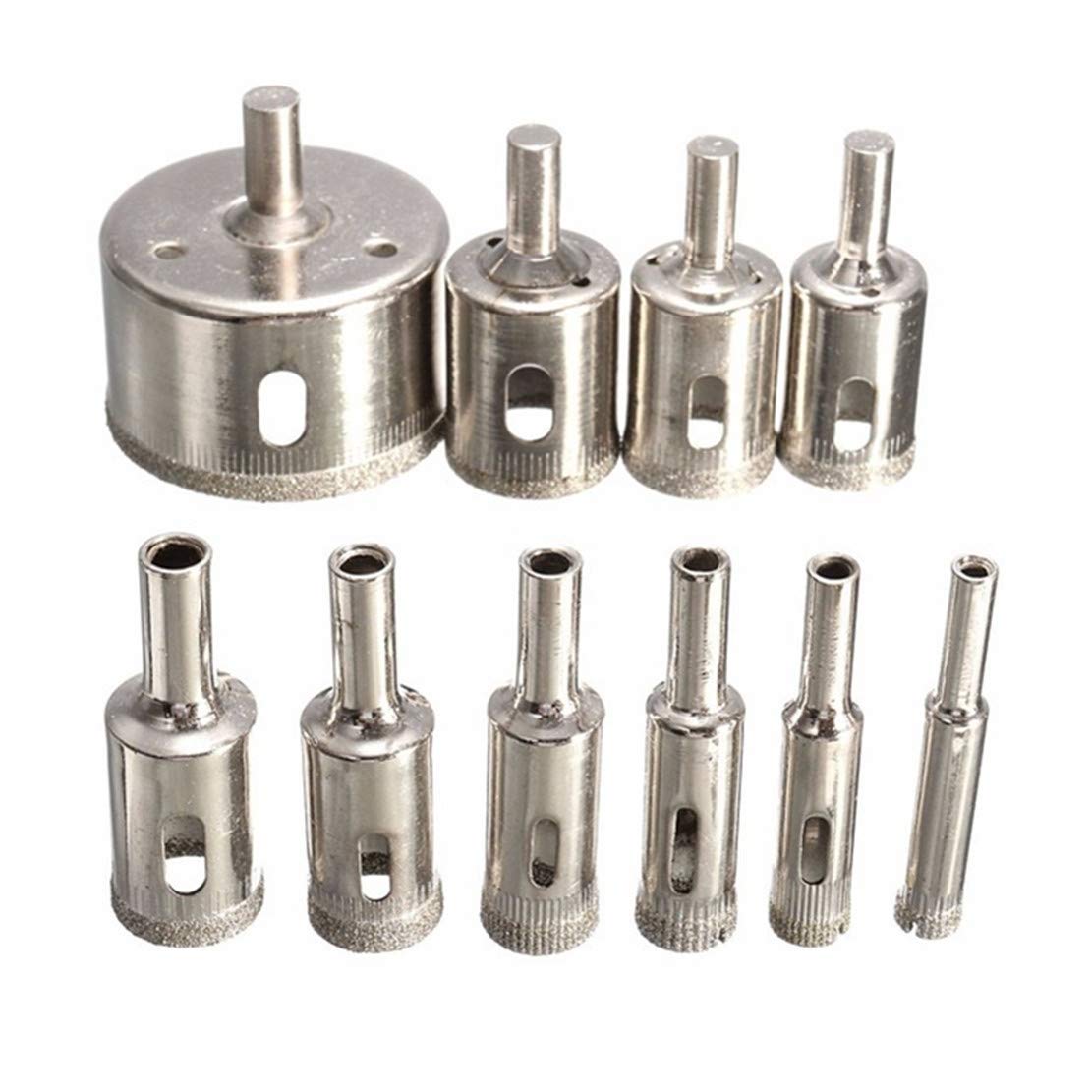 Diamond Drill Bit Set, 10 Pcs Tile Glass Hole Saw, Hollow Core Extractor Remover Tools for Tiles, Glass, Fish Tanks, Marble, Granite, Ceramic, Porcelain, Bottles, Quartz, Silver Diamond Coated Drills