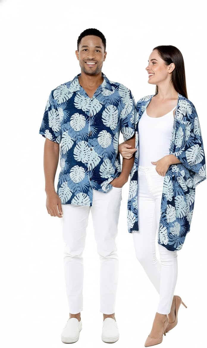 Matchable Couple Hawaiian Luau Shirt or Kimono in Pacific Palm Navy