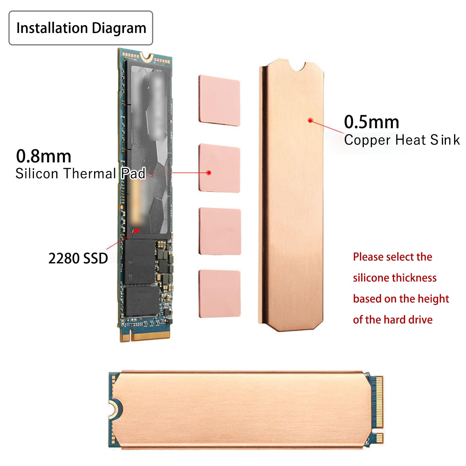 Dissipateur thermique M.2, 75 x 23 x 0,5 mm en cuivre pur pour refroidissement 2280 M2 SSD NGFF SSD NVME SSD ordinateur portable