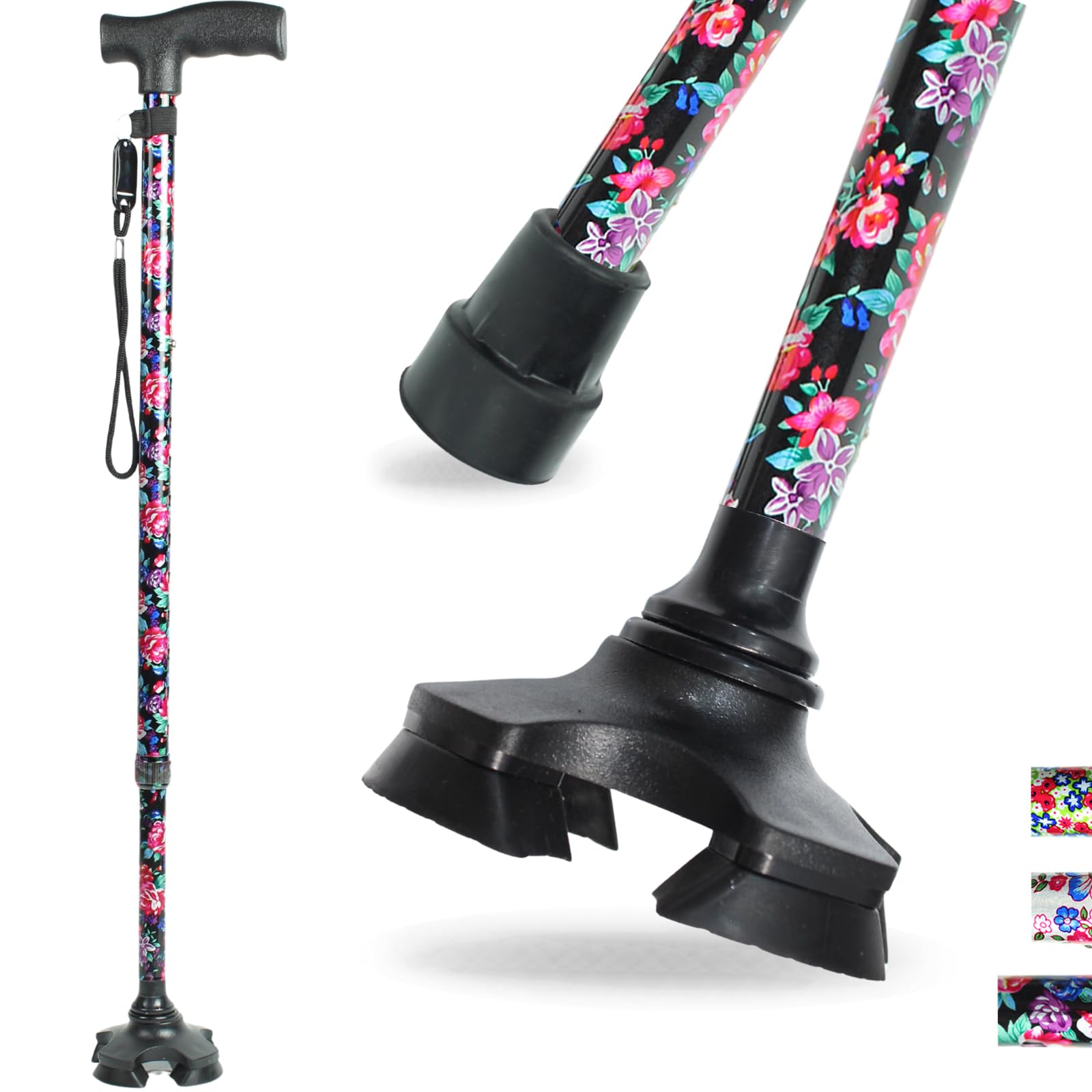Amazon.co.jp: BeGrit 伸縮ステッキ 花柄 自立式 4点杖 軽量 11段階