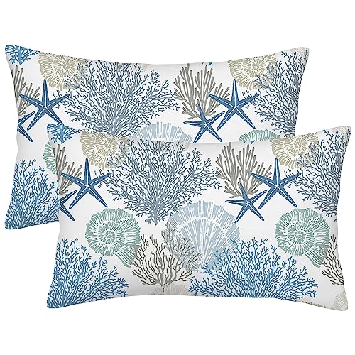 Summer Coastal Throw Pillow Covers 12x20 Inch Outdoor Decorative, Nautical Beach Ocean Themed Throw Pillows Blue Starfish Coral Pillowcase Farmhouse Lumbar Cushion Cover for Home Couch Bed, Set of 2