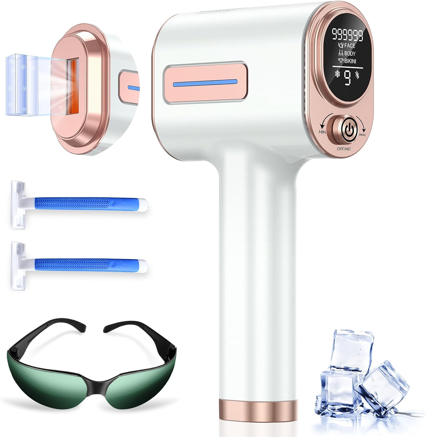 VivaEase IPL Hair Removal Device with included accessories: power adapter, safety goggles, and razor.