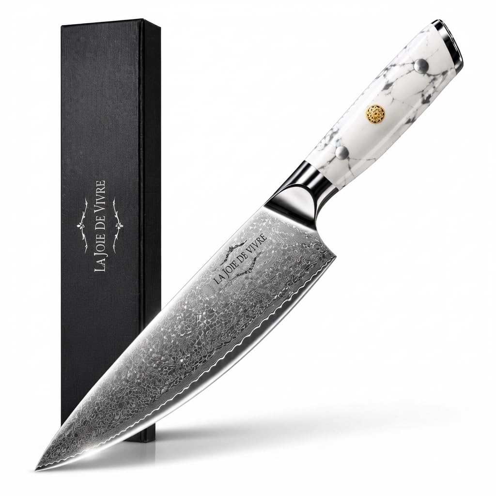 Damasco - Cuchillo de chef japonés de 8 pulgadas, con núcleo de acero VG-10 de 67 capas, cuchillo de cocina profesional ultra afilado, mango de resina turquesa blanca, caja de regalo premium
