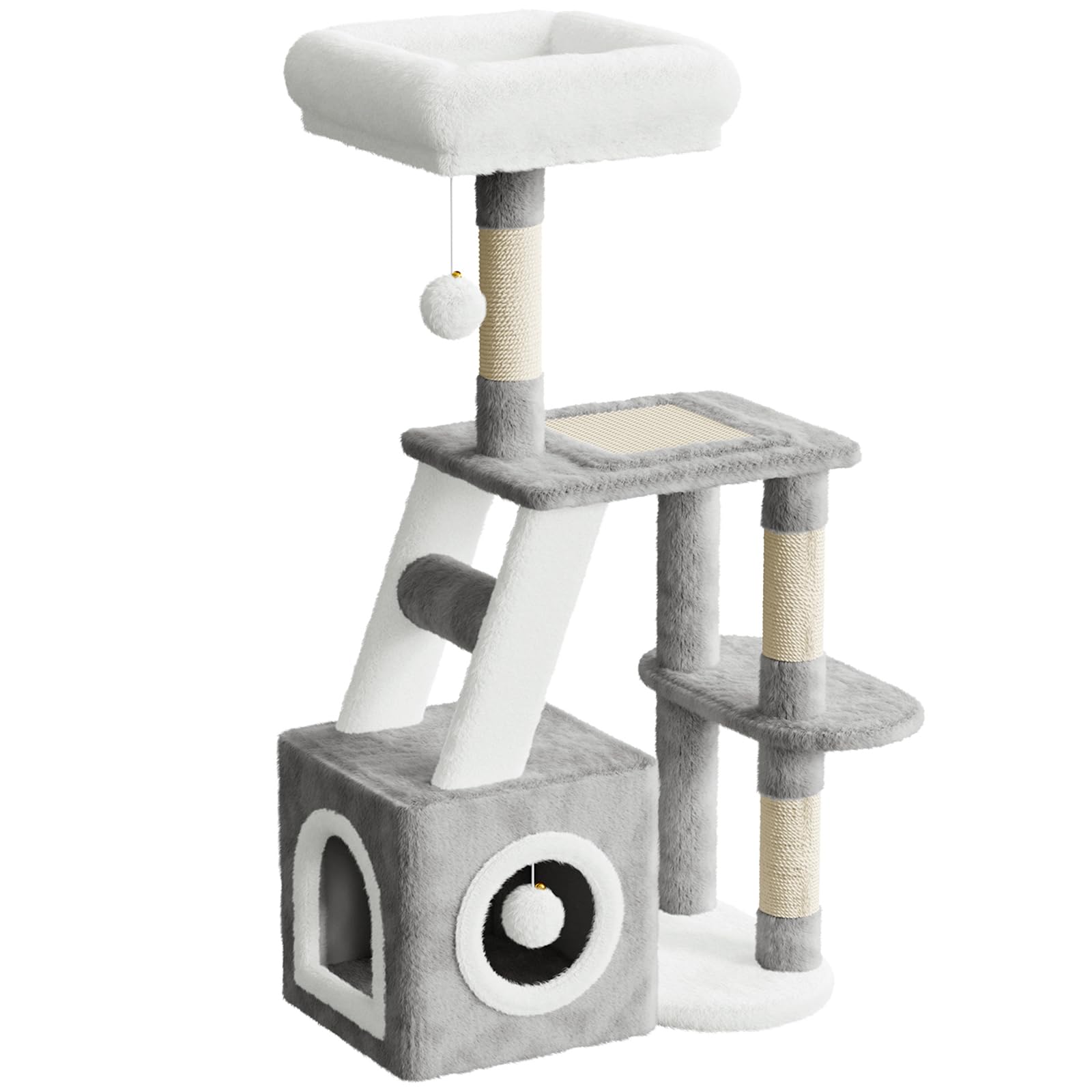 Dogat Small Cat Tree, 107cm Cat Scratching Post for Indoor Cats, Multi-Level Stable Cat Tower with Scratching Post and Perches, 2 Plush Toy Balls, 1 Cave (Grey and White)