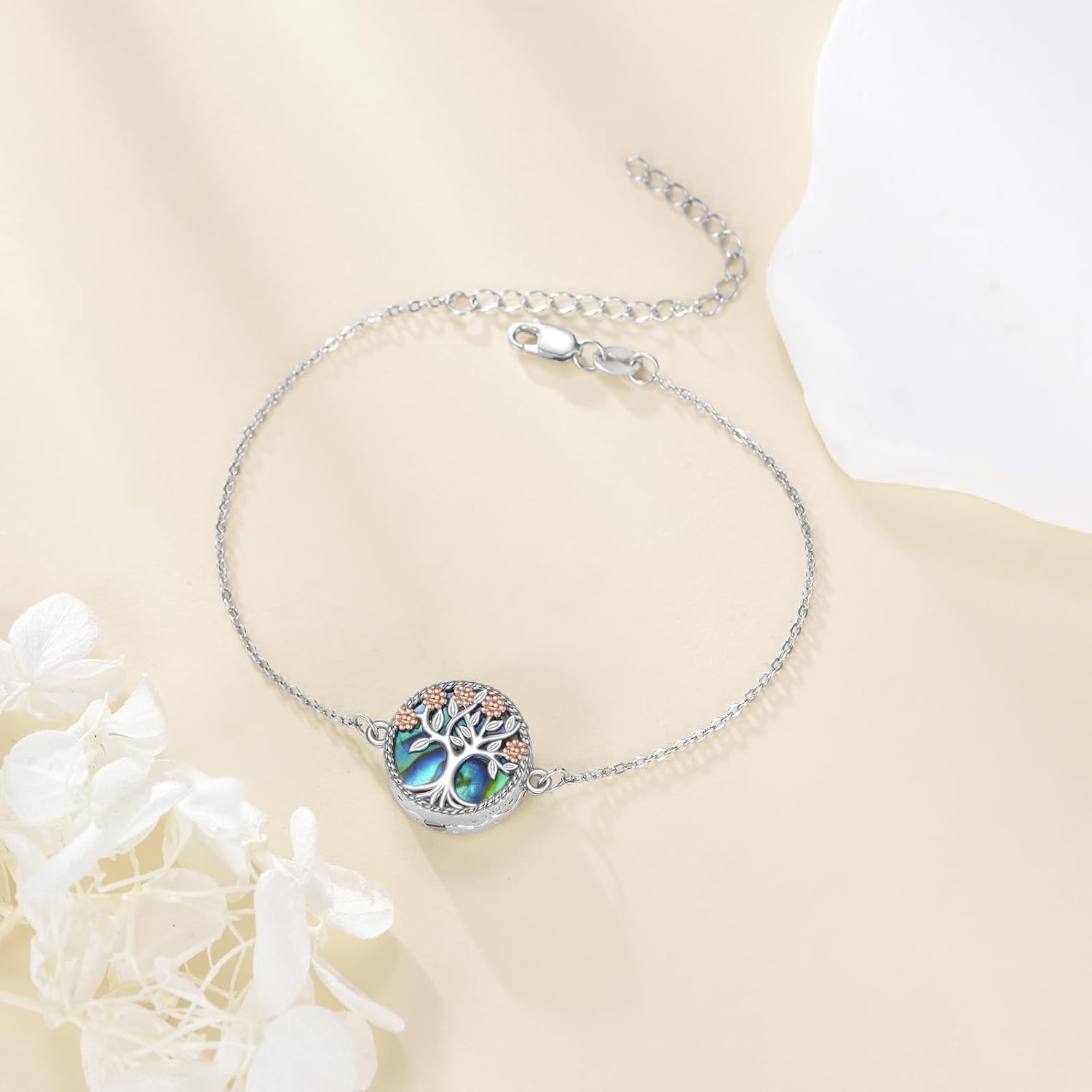 Tree of Life Urn Bracelet for Ashes, 925 Sterling Silver Family Tree Flower Pendant Bracelets Memorial Keepsake Cremation Jewelry Gifts for Women, 7"+2"