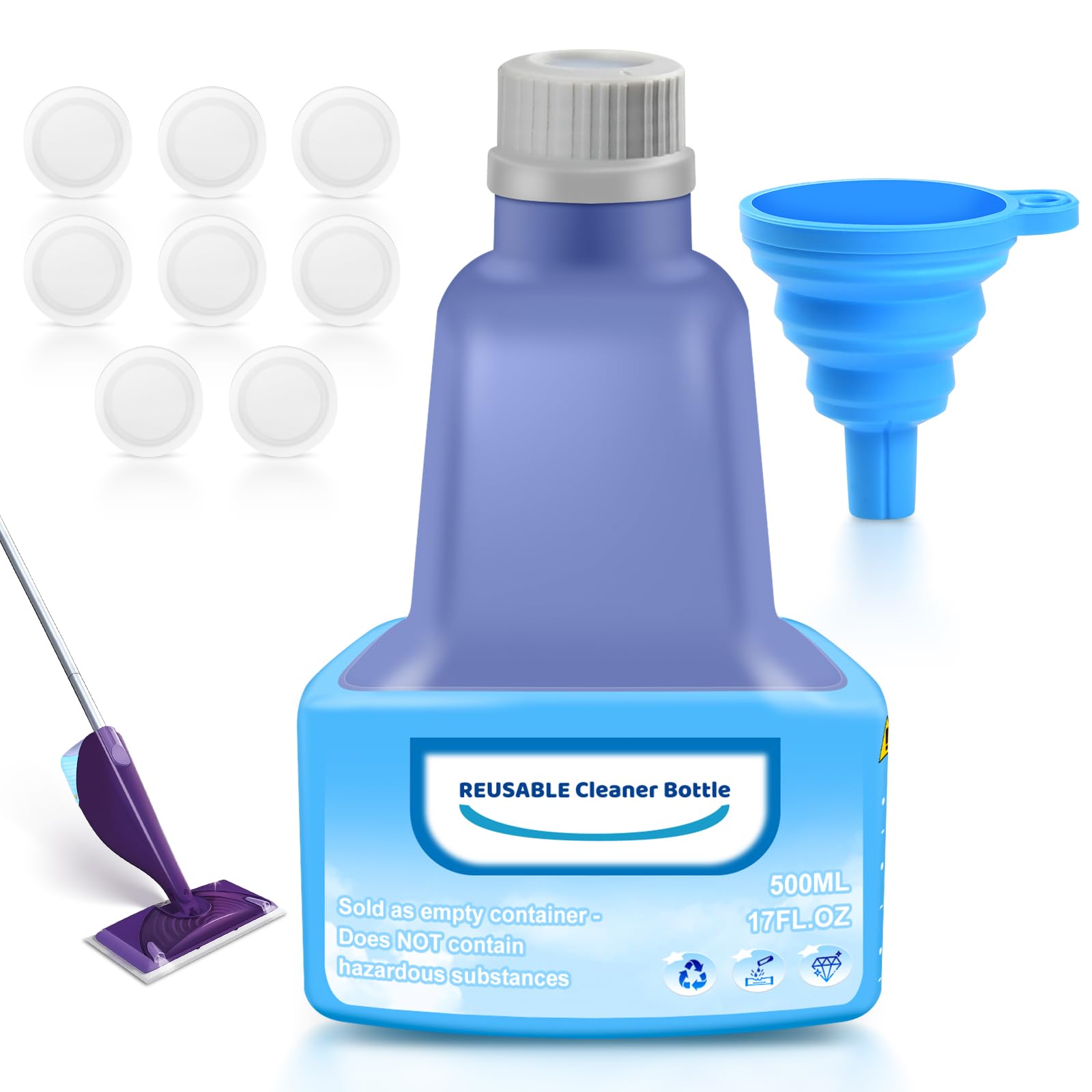 Bouteille Rechargeable pour Mop Swiffer® WetJet™, Bouteille de Recharge Étanche en PEHD pour Solution Nettoyante avec 8 Joints en Silicone et 1 Entonnoir Pliable, 500ml/17oz (Vide)