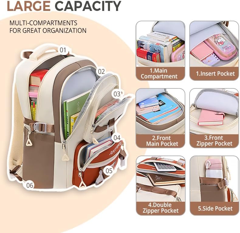 Miniatura 5 de Linda mochila estética para mujer, mochila universitaria para laptop, mochila kawaii preppy con múltiples bolsillos antirrobo, impermeable, mochila