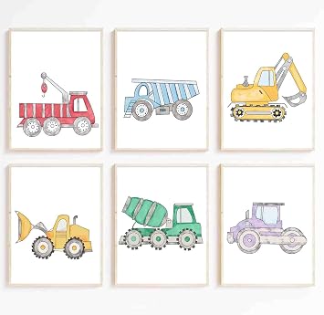 Watercolor Construction Trucks Wall Art Print,Construction Vehicle Nursery Print,Colorful Cartoon Construction Car Canvas Prints for Boys Room Decor,Toddler Room Decor for Boys,Set of 68"x10"inch,Unframed.