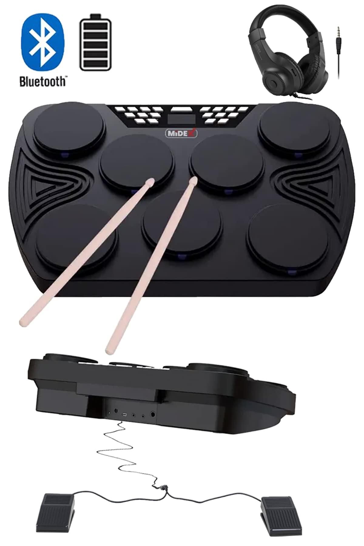 Midex DDX-105 Profesyonel Dijital Davul Şarjlı Elektronik Bateri Bluetooth (Kulaklık hediye)