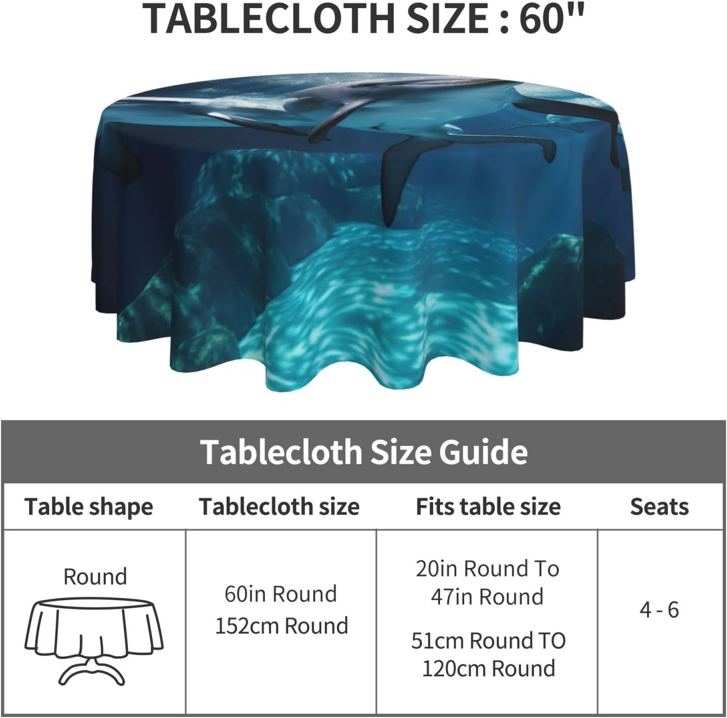 Dolphin Print Wrinkle Free Dining Table Cover for Birthday Party Farmhouse Tablecloths Up to 60 x 60 Inches