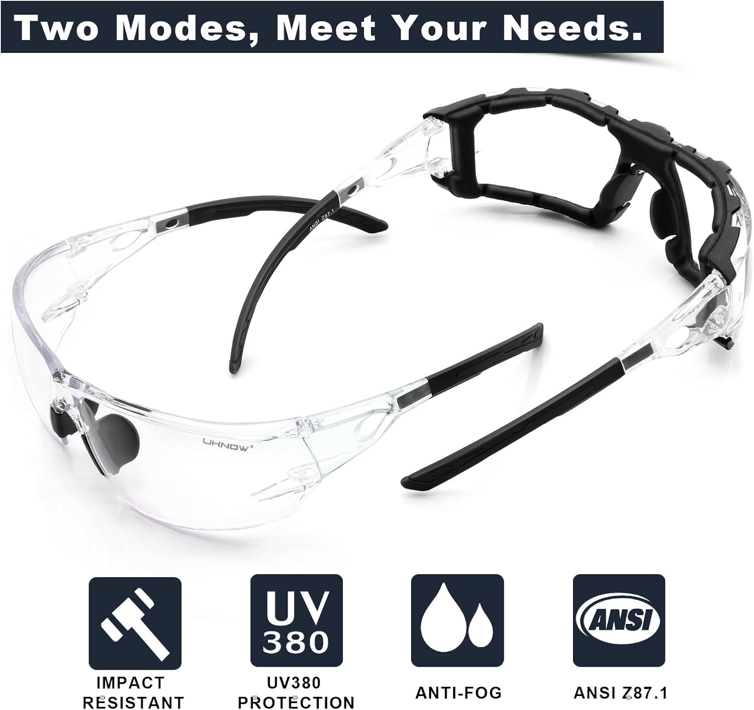 UKNOW Safety Glasses - Anti Fog Wraparound Lenses - Removable Foam Gasket - ANSI Z87.1 Protective Eyewear - Impact Resistant - Image 2