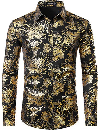 PARKLEES Chemise de luxe pour homme, imprimé élégant, coupe ajustée, boutonnée Motif cachemire doré brillant, noir/doré, L