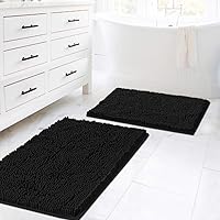H.VERSAILTEX Black 2-Piece Bathroom Rug Set - Super Thick Shaggy Chenille Bath Mats, Machine Washable, Quick Dry, 20x32 & 17x24